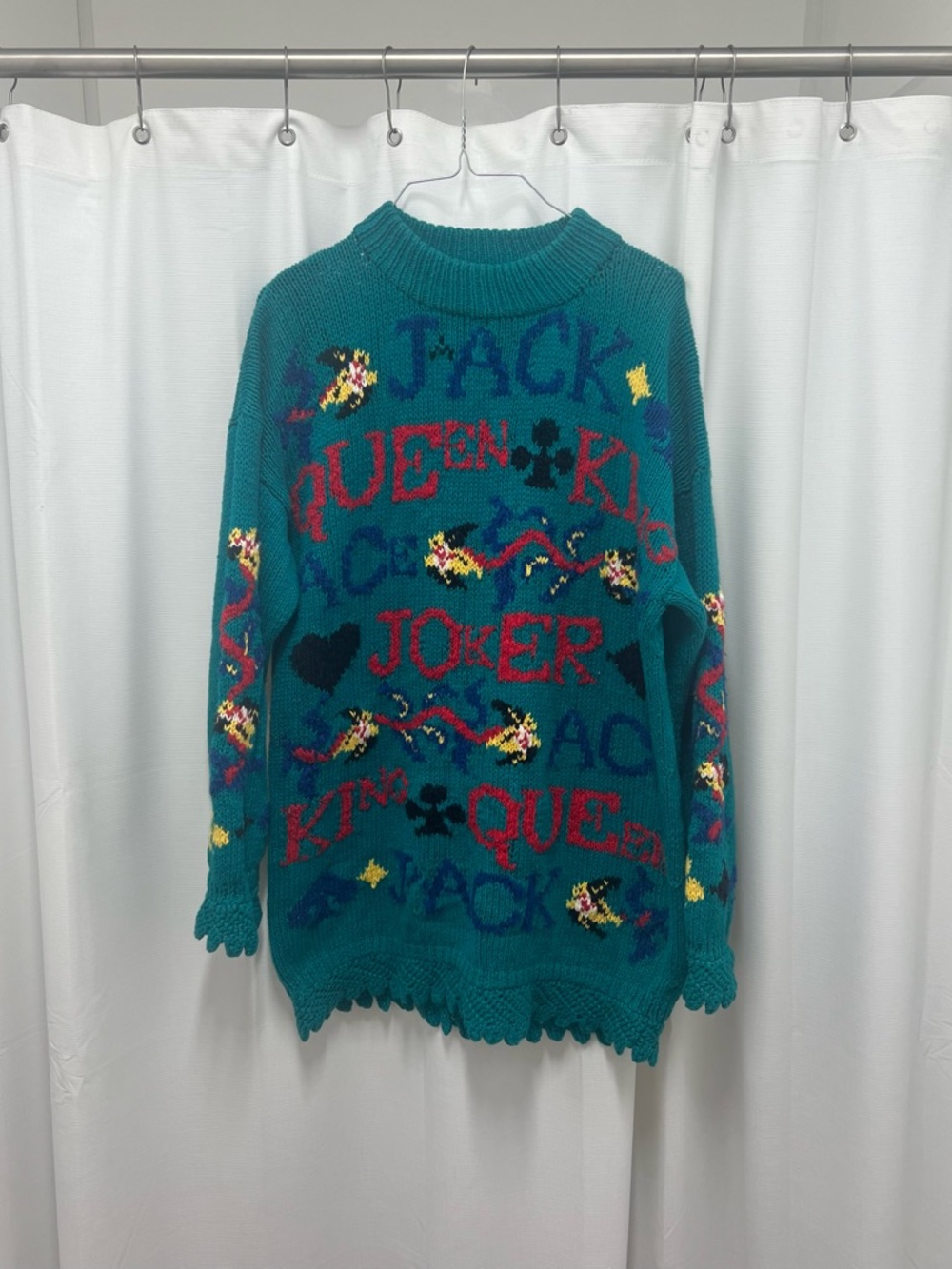 Vintage Teal Card Graphic Knit Sweater - Colorful Playing Card Design